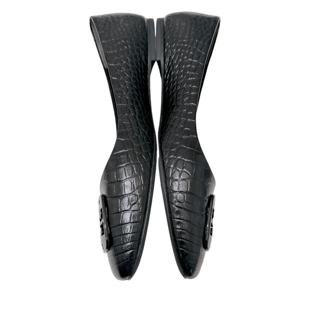 New Tory Burch Black square toe Georgia Croc-Embossed Leather Ballet Flat‎ 10.5